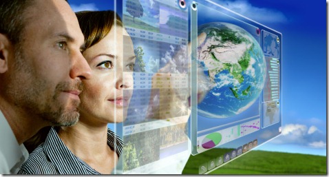 man and woman are working with futuristic screen